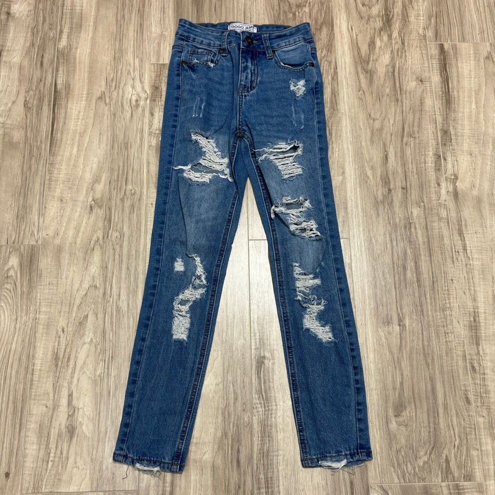 GOGO JEAN High Rise Distressed Skinny Jeans Juniors Size 0/24 Blue